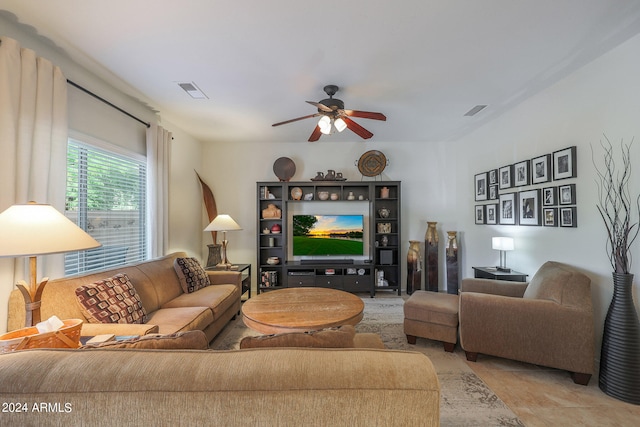 living room featuring ceiling fan