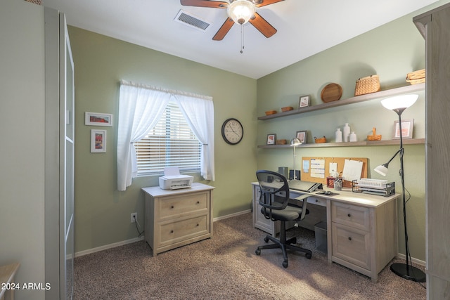 carpeted office with ceiling fan