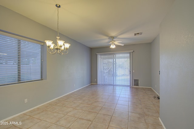 4714 E Paso Trl, Phoenix, AZ 85050 - spare room with visible vents, light tile patterned floors, ceiling fan with notable chandelier, and baseboards