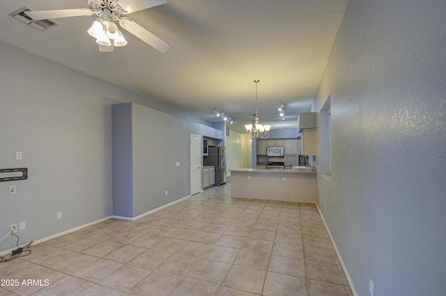 4714 E Paso Trl, Phoenix, AZ 85050 - kitchen featuring visible vents, ceiling fan with notable chandelier, appliances with stainless steel finishes, a peninsula, and light tile patterned floors