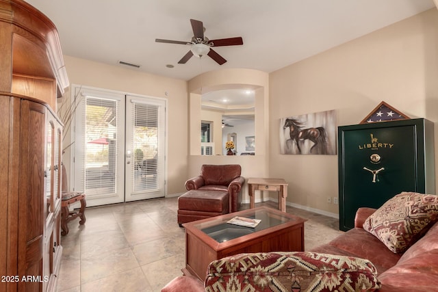 4615 S Primrose Dr, Gold Canyon, AZ 85118 - living room with baseboards, ceiling fan, visible vents, and french doors