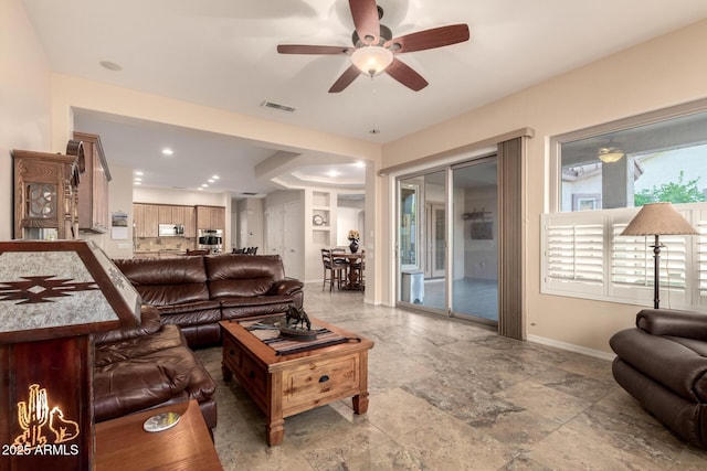 4615 S Primrose Dr, Gold Canyon, AZ 85118 - living room with a ceiling fan, baseboards, stone finish flooring, recessed lighting, and visible vents