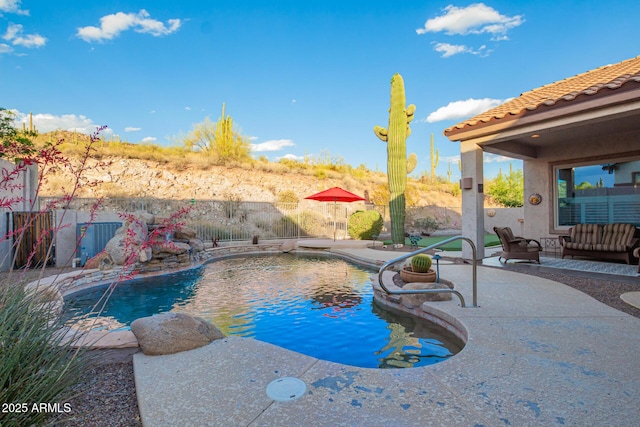4615 S Primrose Dr, Gold Canyon, AZ 85118 - view of swimming pool featuring a fenced backyard, a fenced in pool, an outdoor hangout area, and a patio area