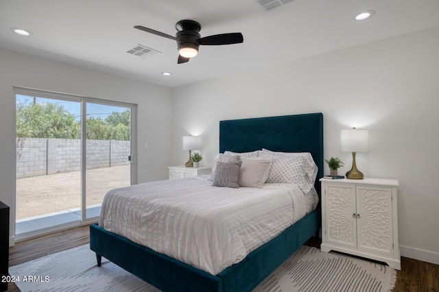 bedroom featuring wood-type flooring, access to outside, and ceiling fan