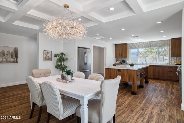 dining room featuring beamed ceiling, coffered ceiling, dark wood-type flooring, and sink