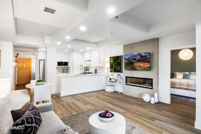 living room featuring sink, a tray ceiling, and light hardwood / wood-style flooring