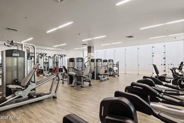 exercise room with light hardwood / wood-style floors