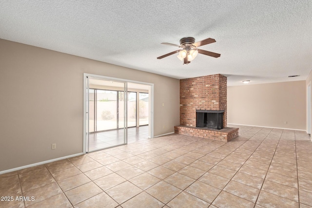 1874 E Huntington Dr, Tempe, AZ 85282 - unfurnished living room with a ceiling fan, a fireplace, light tile patterned floors, a textured ceiling, and baseboards