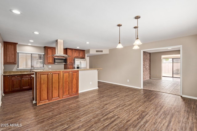 1874 E Huntington Dr, Tempe, AZ 85282 - kitchen featuring appliances with stainless steel finishes, dark wood-style floors, island range hood, baseboards, and a center island