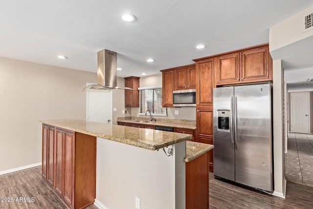 1874 E Huntington Dr, Tempe, AZ 85282 - kitchen featuring stainless steel appliances, island range hood, a sink, dark wood-style flooring, and a center island