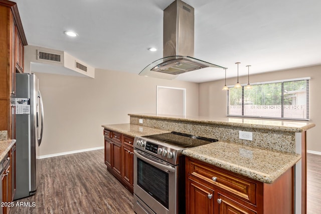 1874 E Huntington Dr, Tempe, AZ 85282 - kitchen with island exhaust hood, appliances with stainless steel finishes, dark wood finished floors, baseboards, and light stone counters