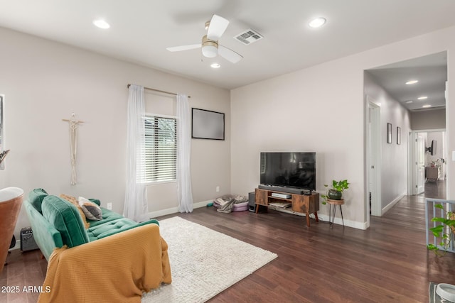 living room with recessed lighting, visible vents, wood finished floors, and a ceiling fan