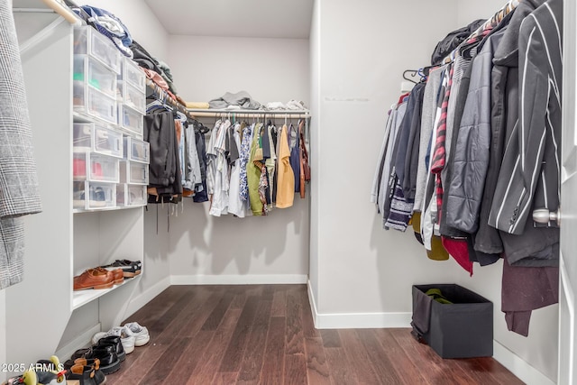 walk in closet with wood finished floors