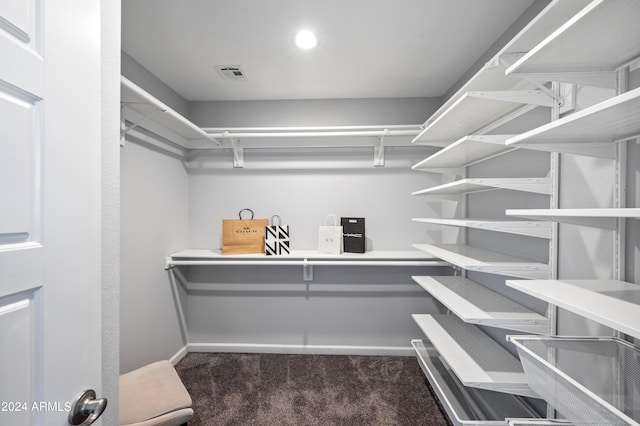 walk in closet with dark colored carpet