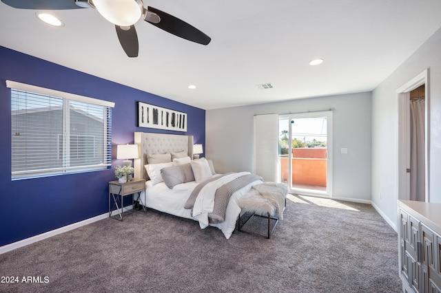 bedroom with dark colored carpet, access to outside, and ceiling fan