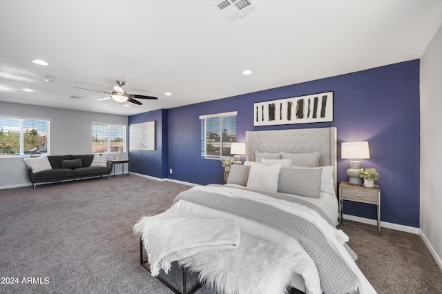 bedroom featuring ceiling fan and carpet floors