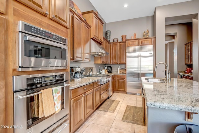 kitchen with appliances with stainless steel finishes, a sink, under cabinet range hood, and light stone countertops