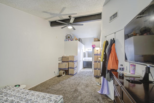 2301 E University Dr Unit 488, Mesa, AZ 85213 - carpeted bedroom featuring a textured ceiling, lofted ceiling, ensuite bathroom, a closet, and ceiling fan