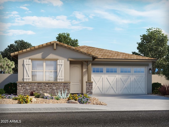 view of front of property with concrete driveway, stone siding, an attached garage, and stucco siding