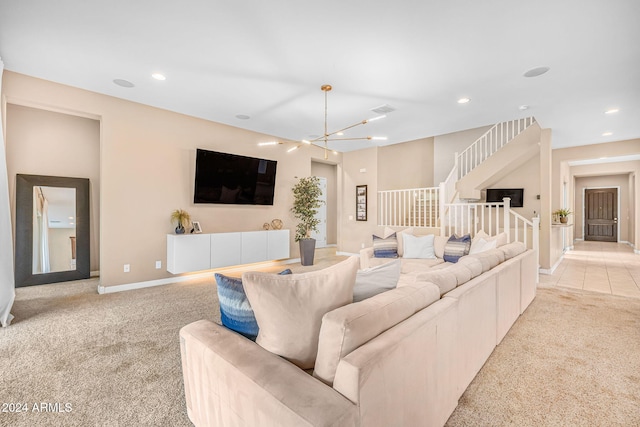 living room with recessed lighting, stairway, and light carpet