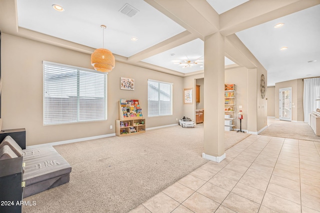 game room with visible vents, baseboards, carpet floors, recessed lighting, and tile patterned floors