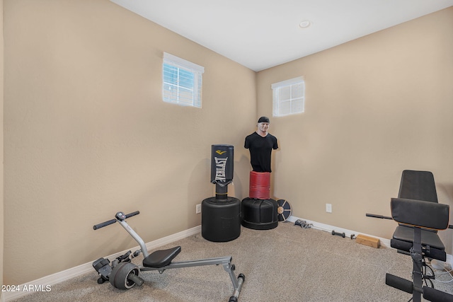 workout room with baseboards and carpet floors