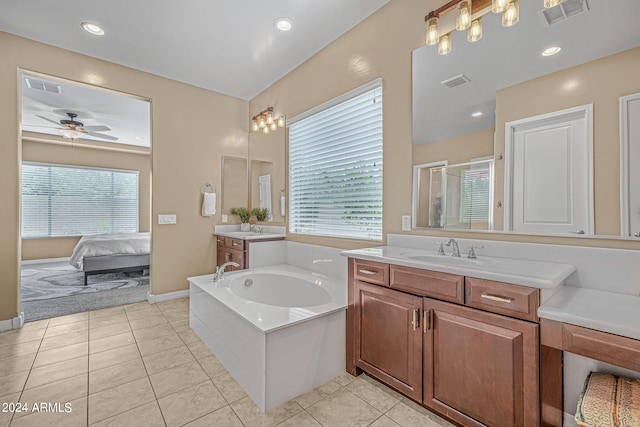 full bathroom with tile patterned flooring, ceiling fan, visible vents, and a stall shower