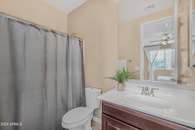 full bath with vanity, visible vents, ceiling fan, tile patterned flooring, and toilet