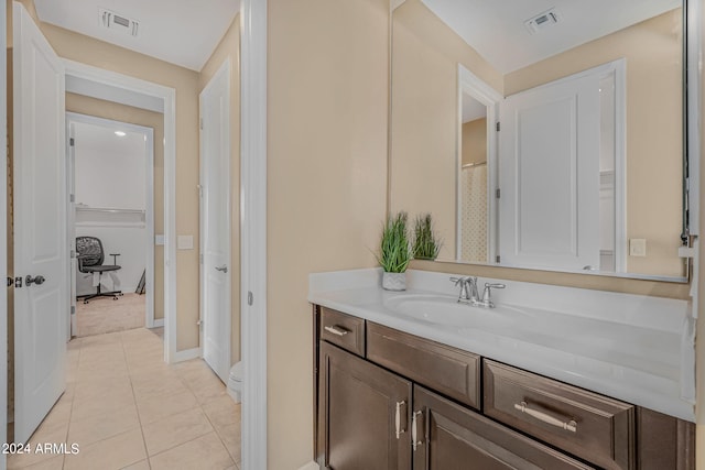 full bath with tile patterned floors, visible vents, toilet, and vanity