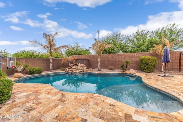 view of pool featuring a patio area, a fenced in pool, and a fenced backyard