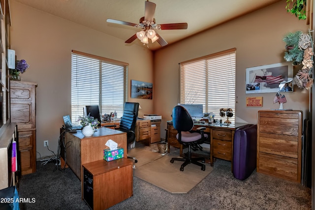 office space featuring carpet flooring, a healthy amount of sunlight, and ceiling fan