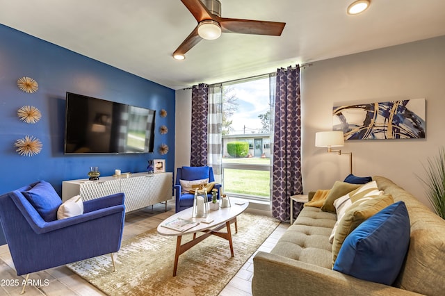 living room with ceiling fan