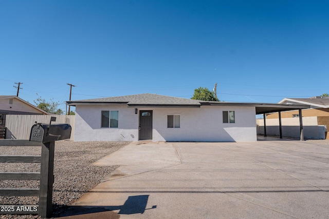 6130 N 27th Ave, Phoenix, AZ 85017 - view of front of property featuring stucco siding, roof with shingles, fence, concrete driveway, and an attached carport