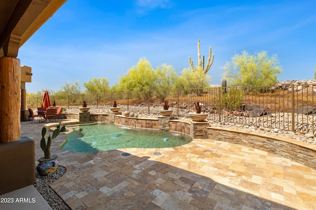 view of swimming pool with pool water feature and a patio area