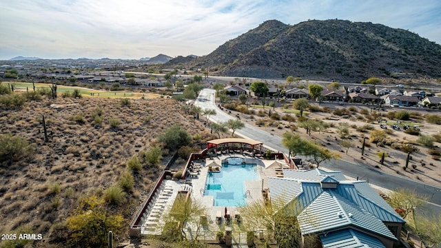 drone / aerial view featuring a mountain view