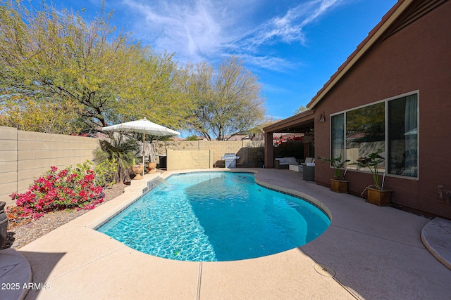 view of pool featuring pool water feature and a patio area