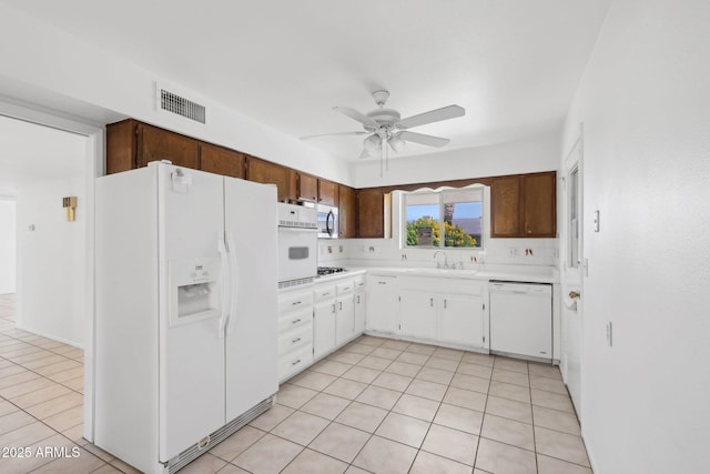 11044 W Cheryl Dr, Sun City, AZ 85351 - kitchen with white appliances, a ceiling fan, light countertops, a sink, and light tile patterned flooring