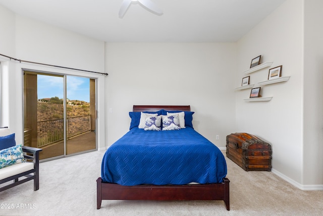 bedroom featuring baseboards, carpet floors, a ceiling fan, and access to outside