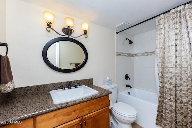 full bathroom featuring vanity, shower / tub combo, toilet, and visible vents