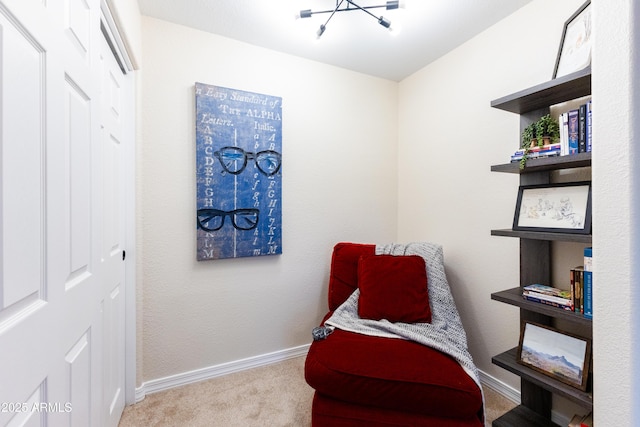 living area featuring baseboards and carpet floors