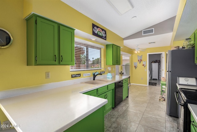 kitchen with dishwasher, lofted ceiling, sink, green cabinetry, and range