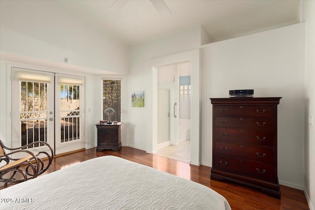 bedroom featuring access to exterior, french doors, ceiling fan, and wood-type flooring