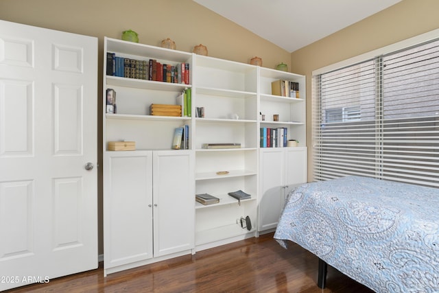 bedroom with lofted ceiling and dark wood-type flooring