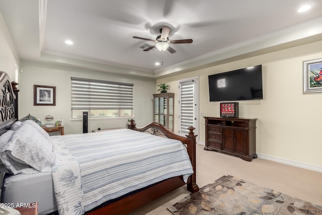 bedroom with recessed lighting, carpet, visible vents, and baseboards