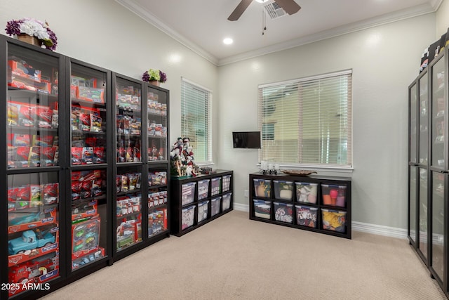 carpeted office with baseboards, visible vents, crown molding, and recessed lighting