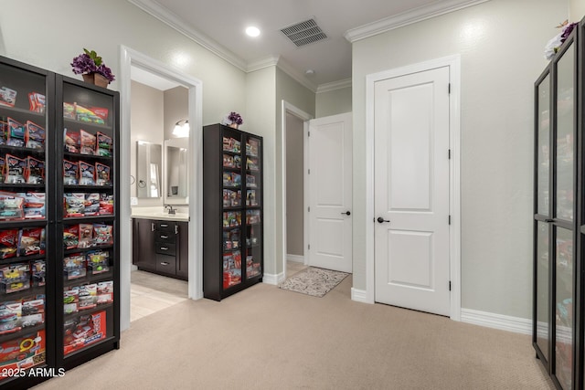 interior space featuring visible vents, a sink, and light colored carpet