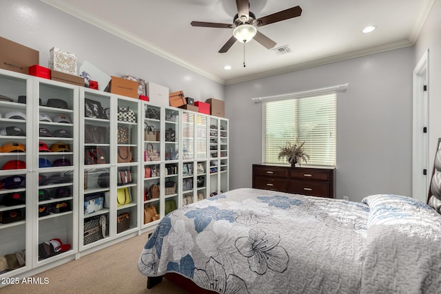 bedroom featuring carpet floors, recessed lighting, visible vents, and crown molding