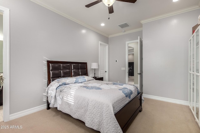 bedroom with visible vents, crown molding, light carpet, and baseboards