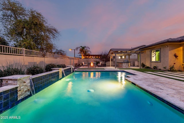 view of swimming pool featuring a fenced in pool, a fenced backyard, outdoor dry bar, exterior kitchen, and a patio area