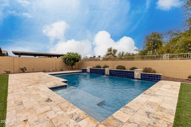 view of swimming pool with a fenced in pool, a fenced backyard, and a patio